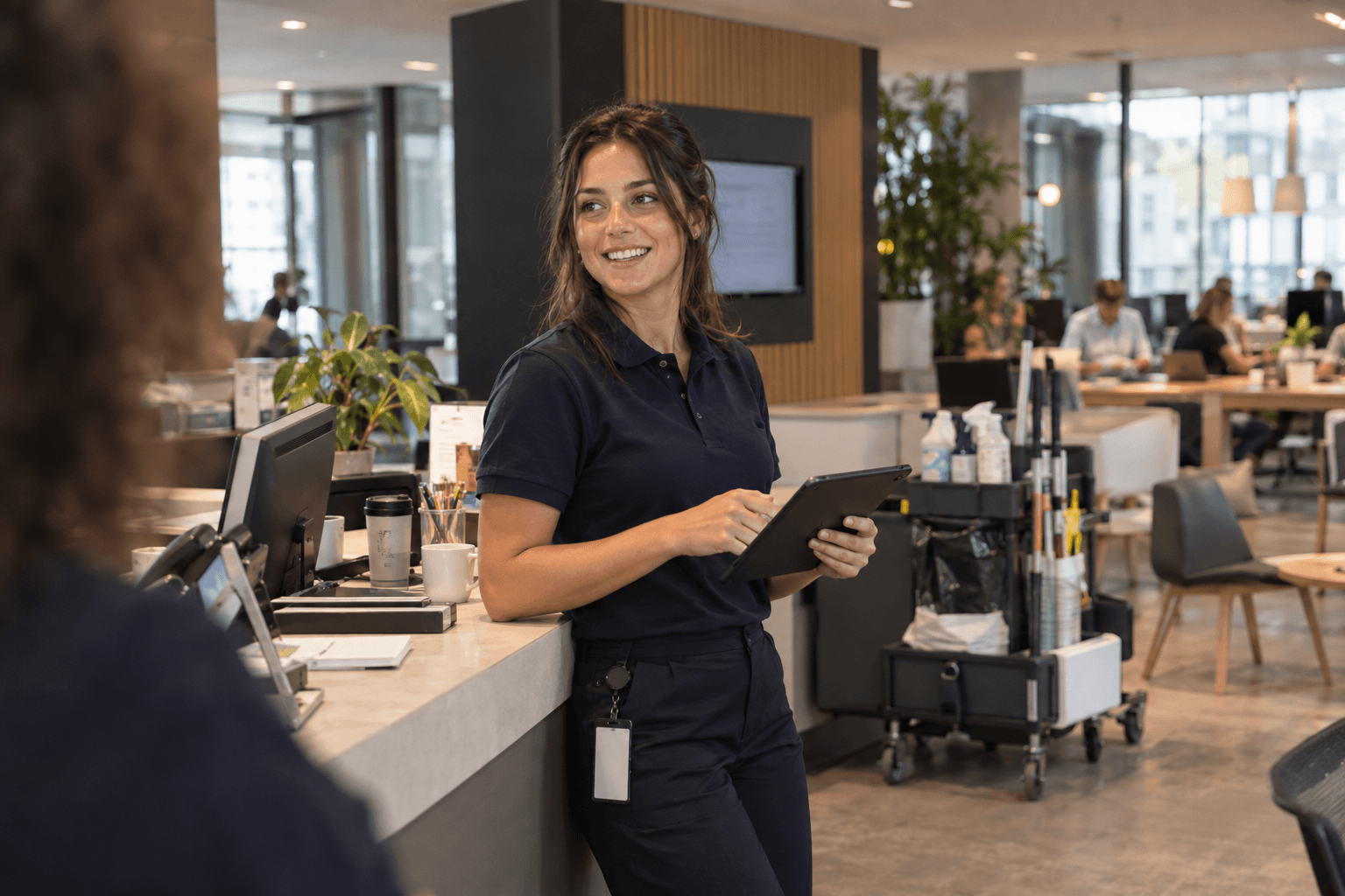 cleaning crew in a commercial building